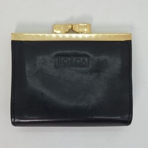 Bosca Romagna Calfskin Black Leather Kiss Lock Wallet with Gold Frame Accent